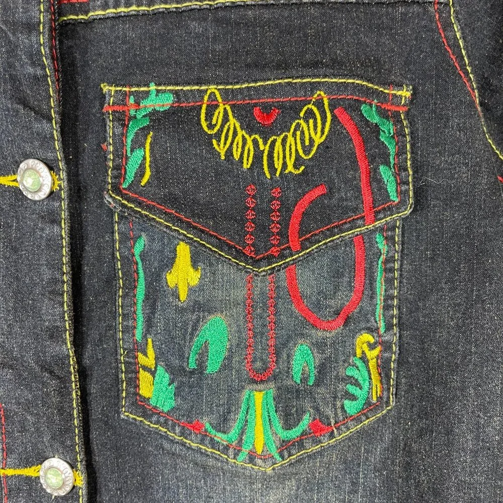 Coogi Vintage Embroidered Logo Colorful Denim Jean Trucker Jacket NWT Sz…
